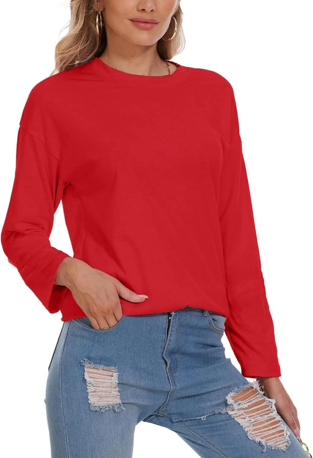 Women Oversized Crew Neck T-Shirts Loose Long Sleeve Tunic Top 2024 Comfy Cozy Cotton Lounge Tees