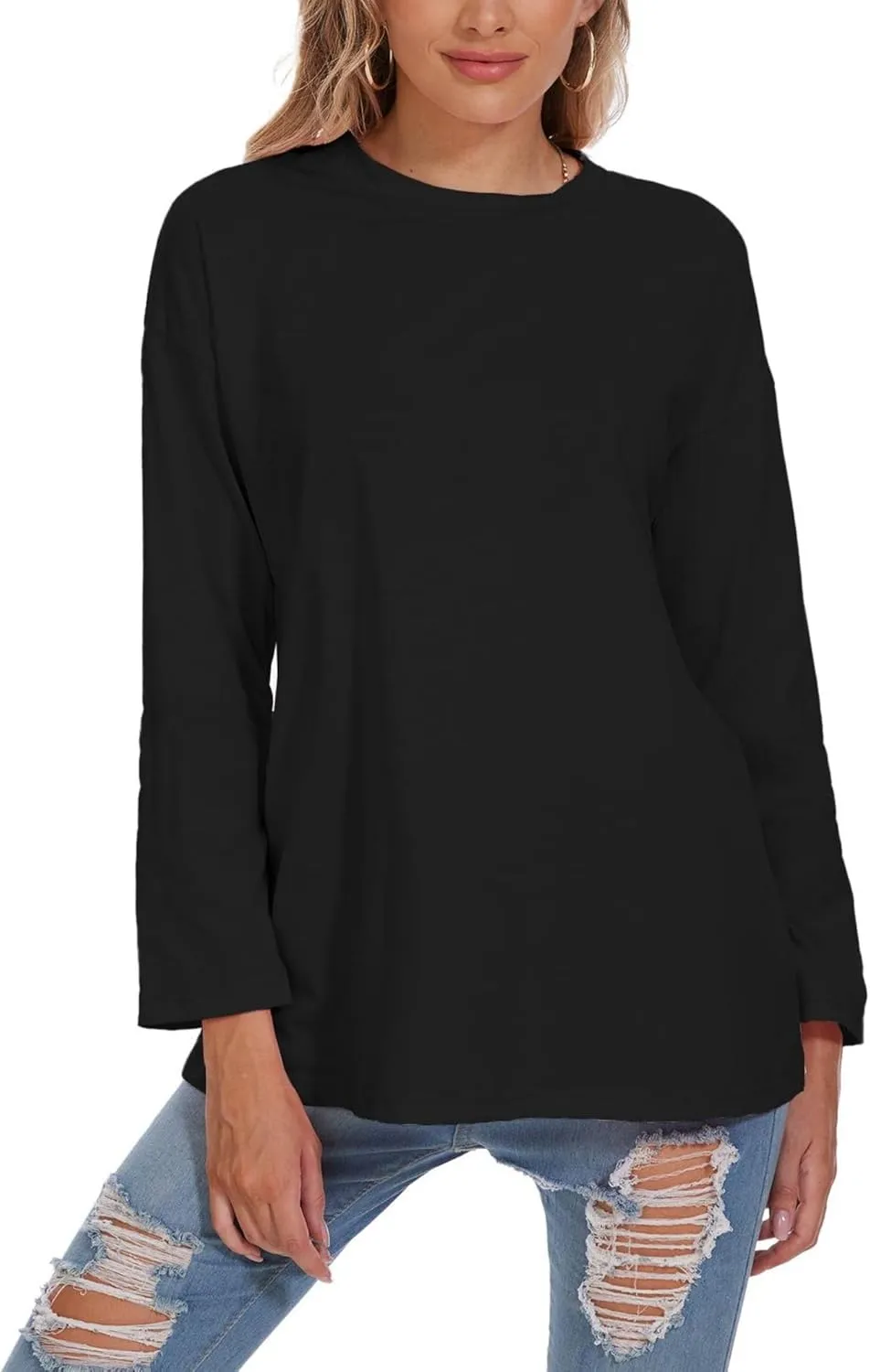 Women Oversized Crew Neck T-Shirts Loose Long Sleeve Tunic Top 2024 Comfy Cozy Cotton Lounge Tees
