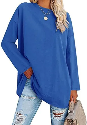 Women Oversized Crew Neck T-Shirts Loose Long Sleeve Tunic Top C-blue