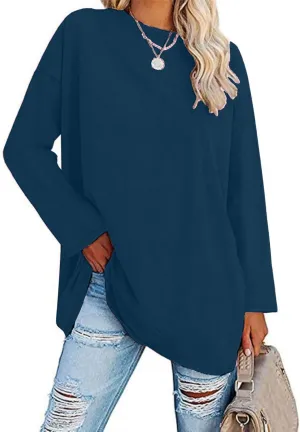 Women Oversized Crew Neck T-Shirts Loose Long Sleeve Tunic Top C-navy