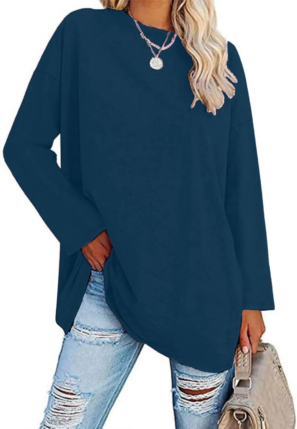 Women Oversized Crew Neck T-Shirts Loose Long Sleeve Tunic Top C-navy
