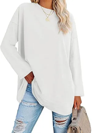 Women Oversized Crew Neck T-Shirts Loose Long Sleeve Tunic Top C-white