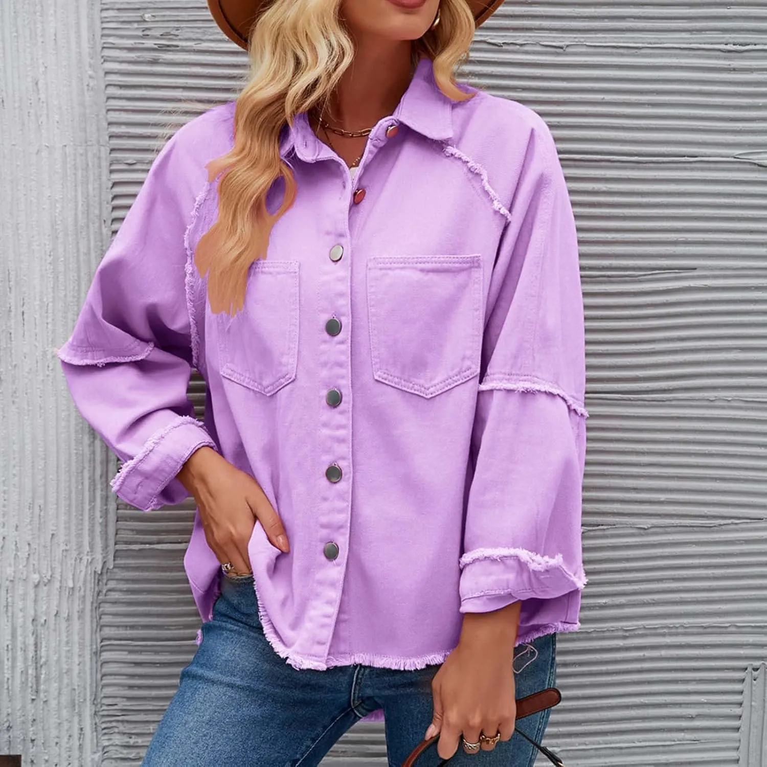 Women Raglan Sleeve Denim Jacket Casual Loose Jean Coat Tops Button Up Solid Denim Outerwear Boyfriend Jackets