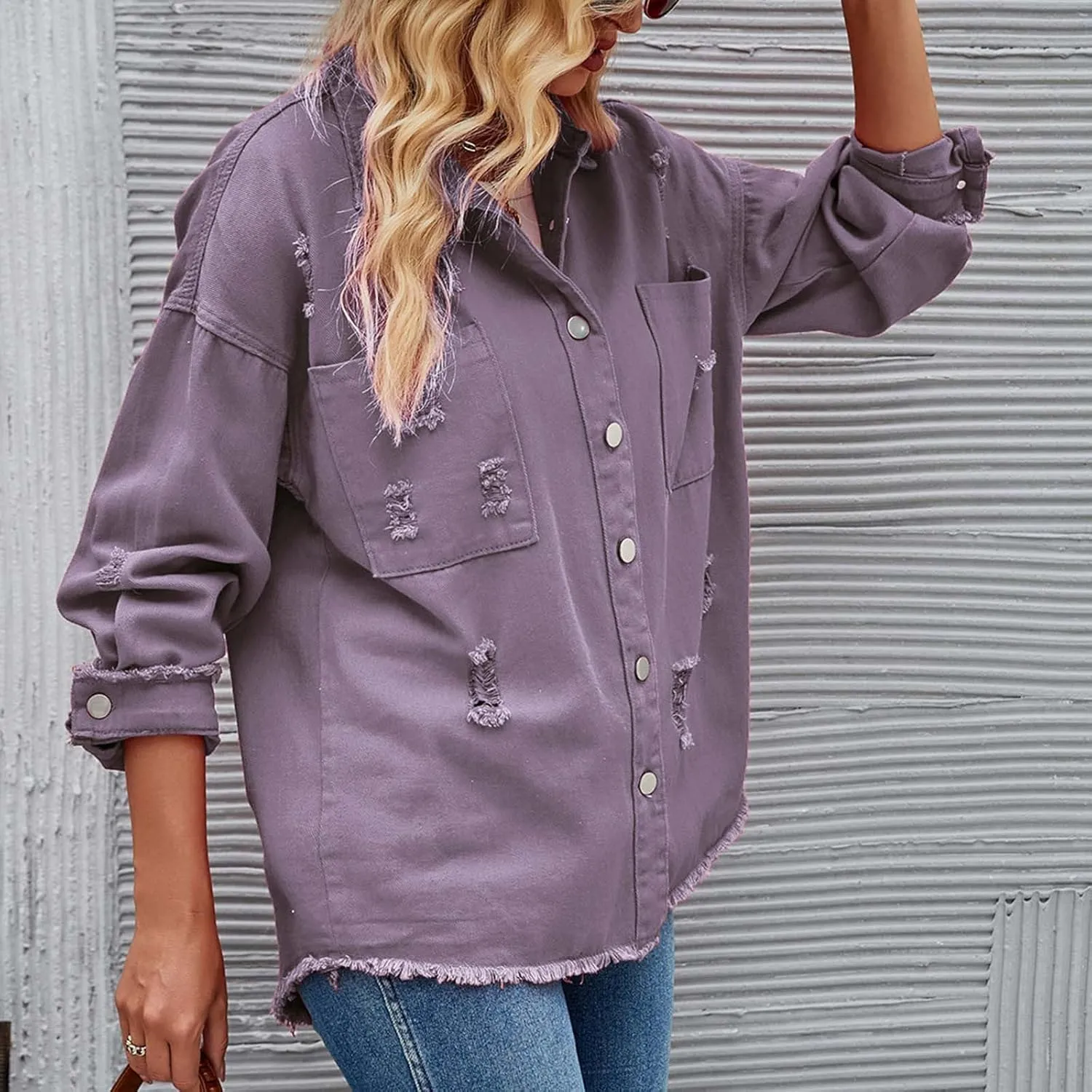 Women Raglan Sleeve Denim Jacket Casual Loose Jean Coat Tops Button Up Solid Denim Outerwear Boyfriend Jackets