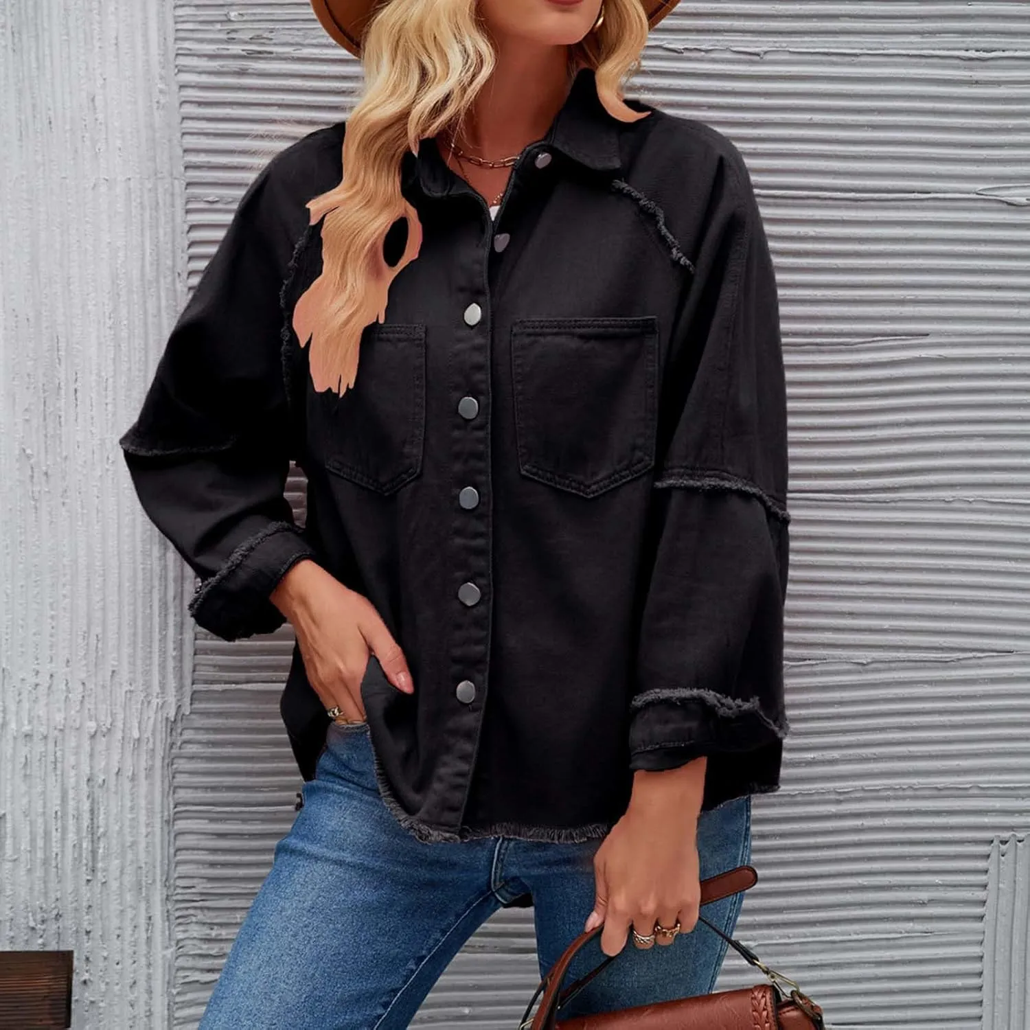 Women Raglan Sleeve Denim Jacket Casual Loose Jean Coat Tops Button Up Solid Denim Outerwear Boyfriend Jackets