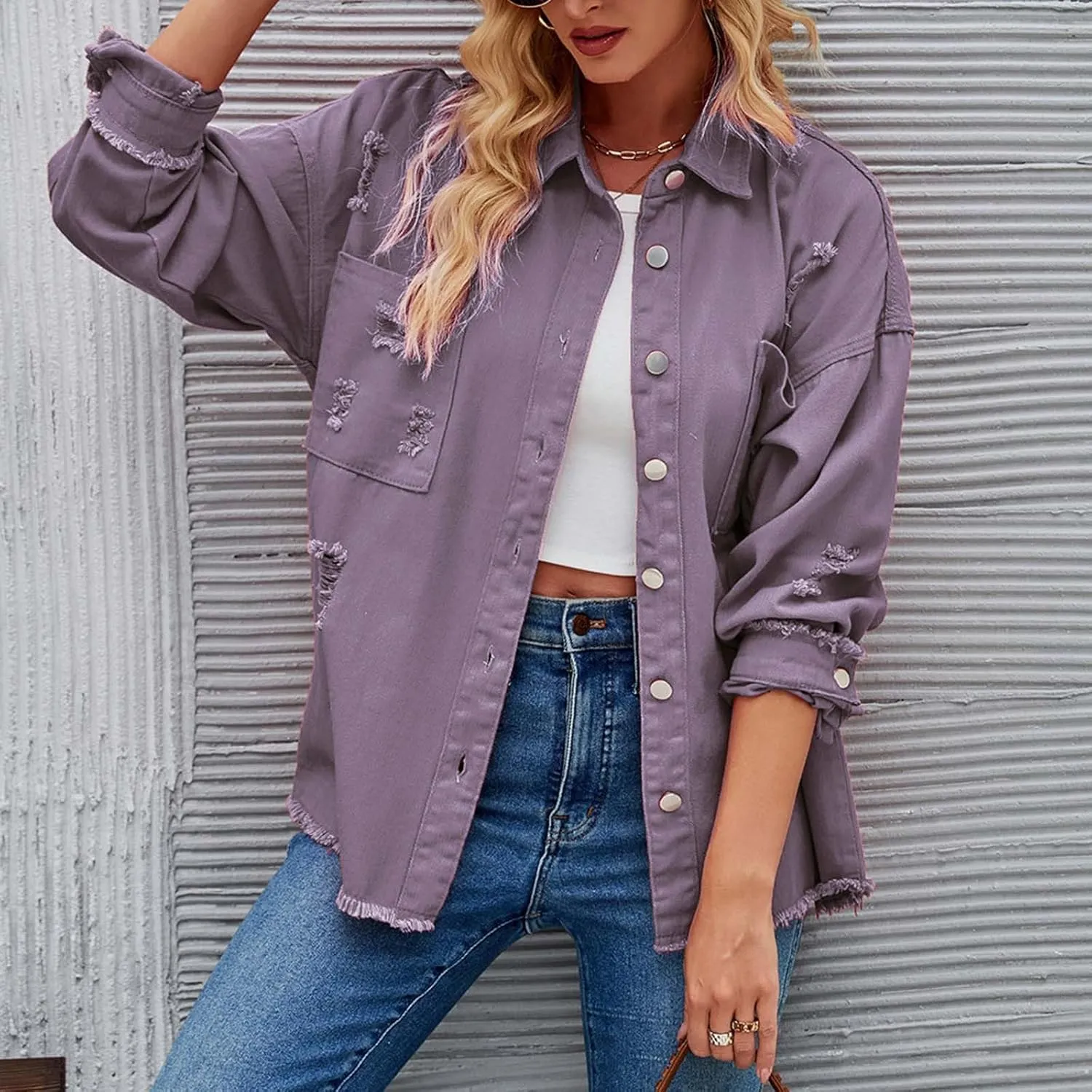 Women Raglan Sleeve Denim Jacket Casual Loose Jean Coat Tops Button Up Solid Denim Outerwear Boyfriend Jackets
