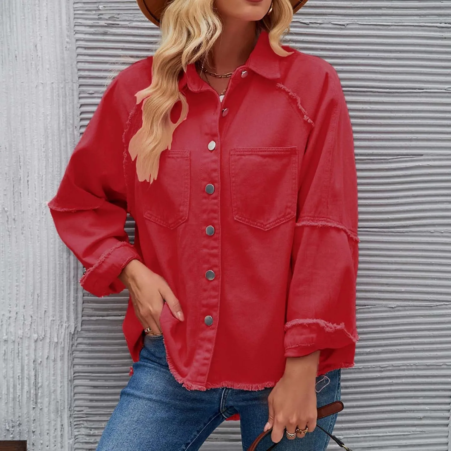 Women Raglan Sleeve Denim Jacket Casual Loose Jean Coat Tops Button Up Solid Denim Outerwear Boyfriend Jackets