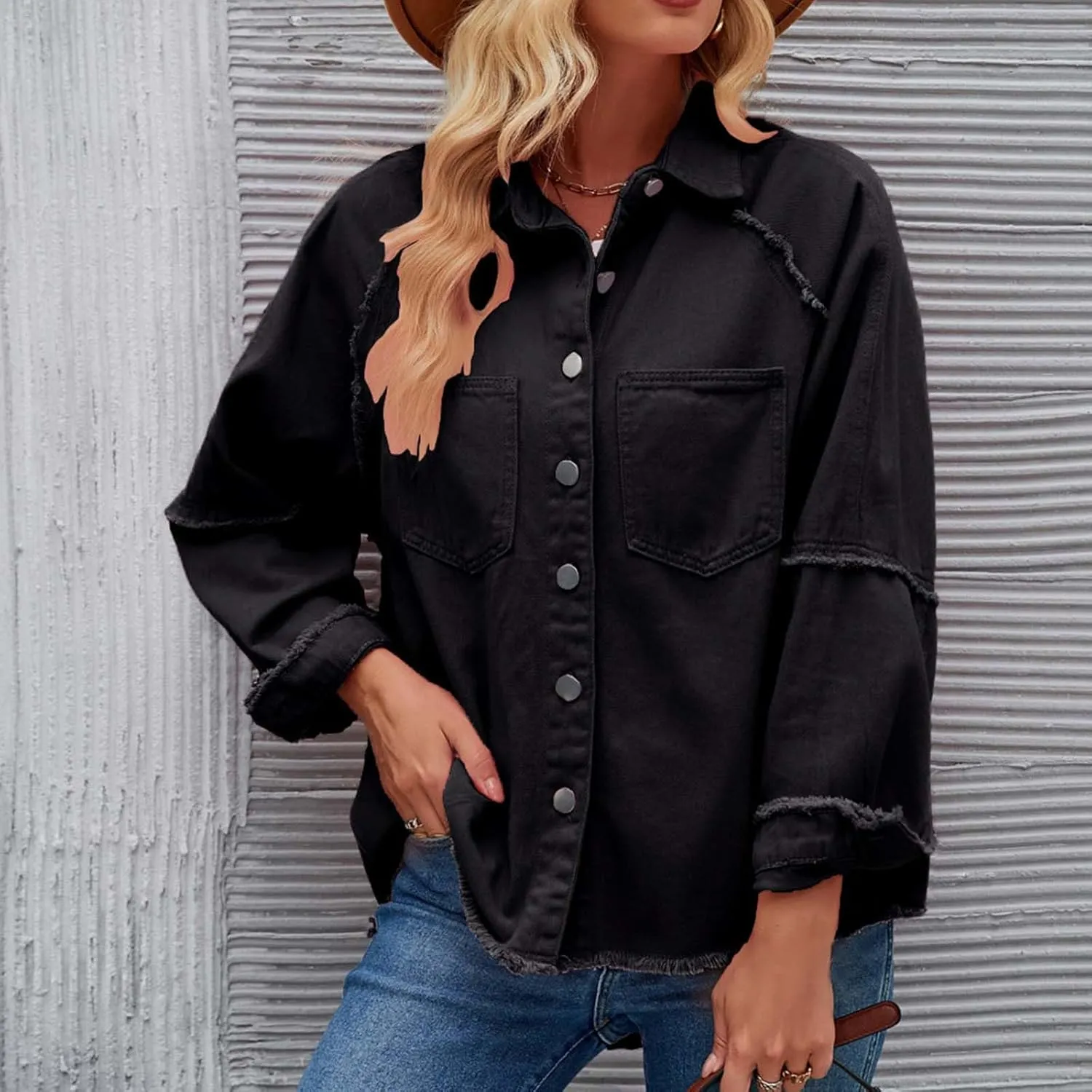 Women Raglan Sleeve Denim Jacket Casual Loose Jean Coat Tops Button Up Solid Denim Outerwear Boyfriend Jackets