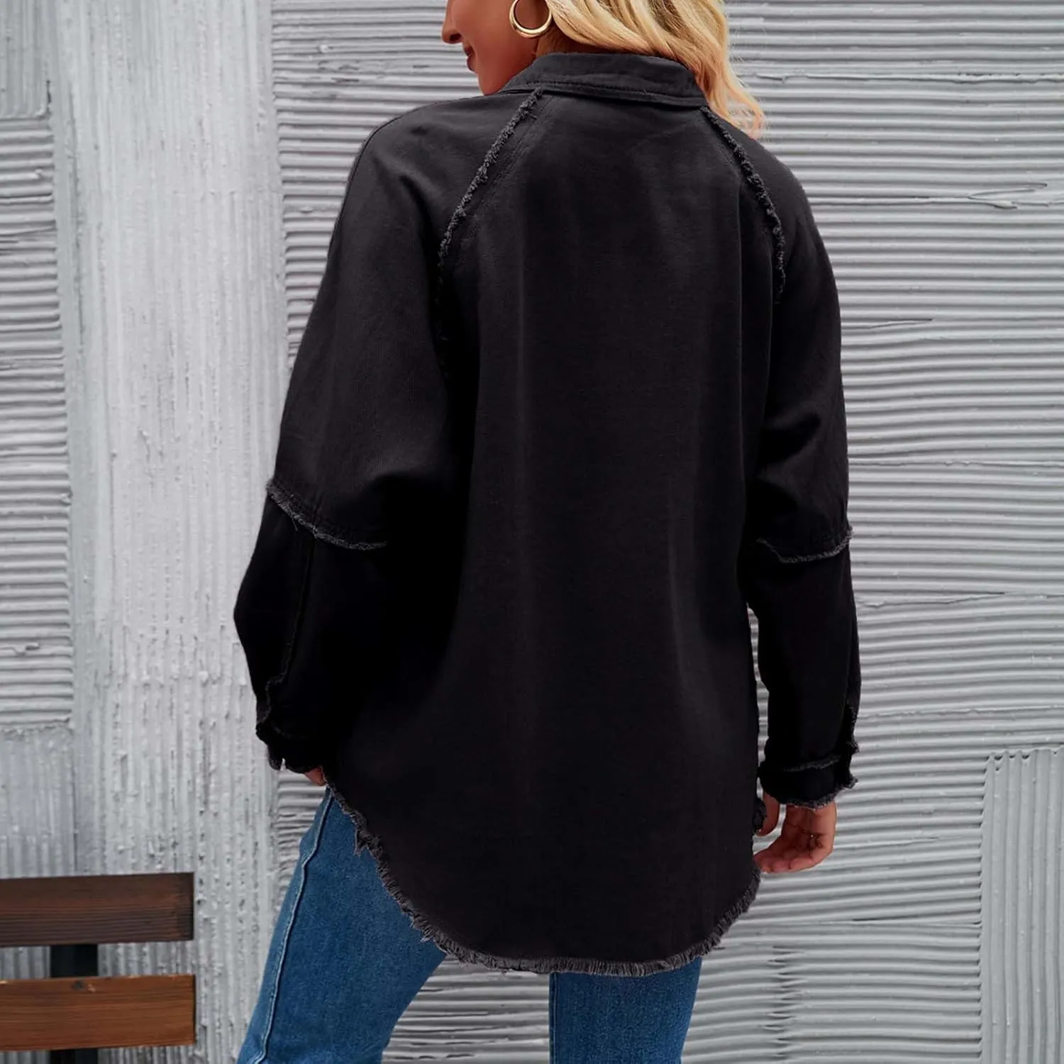 Women Raglan Sleeve Denim Jacket Casual Loose Jean Coat Tops Button Up Solid Denim Outerwear Boyfriend Jackets