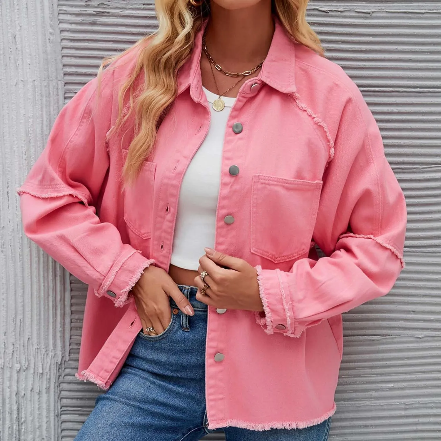 Women Raglan Sleeve Denim Jacket Casual Loose Jean Coat Tops Button Up Solid Denim Outerwear Boyfriend Jackets