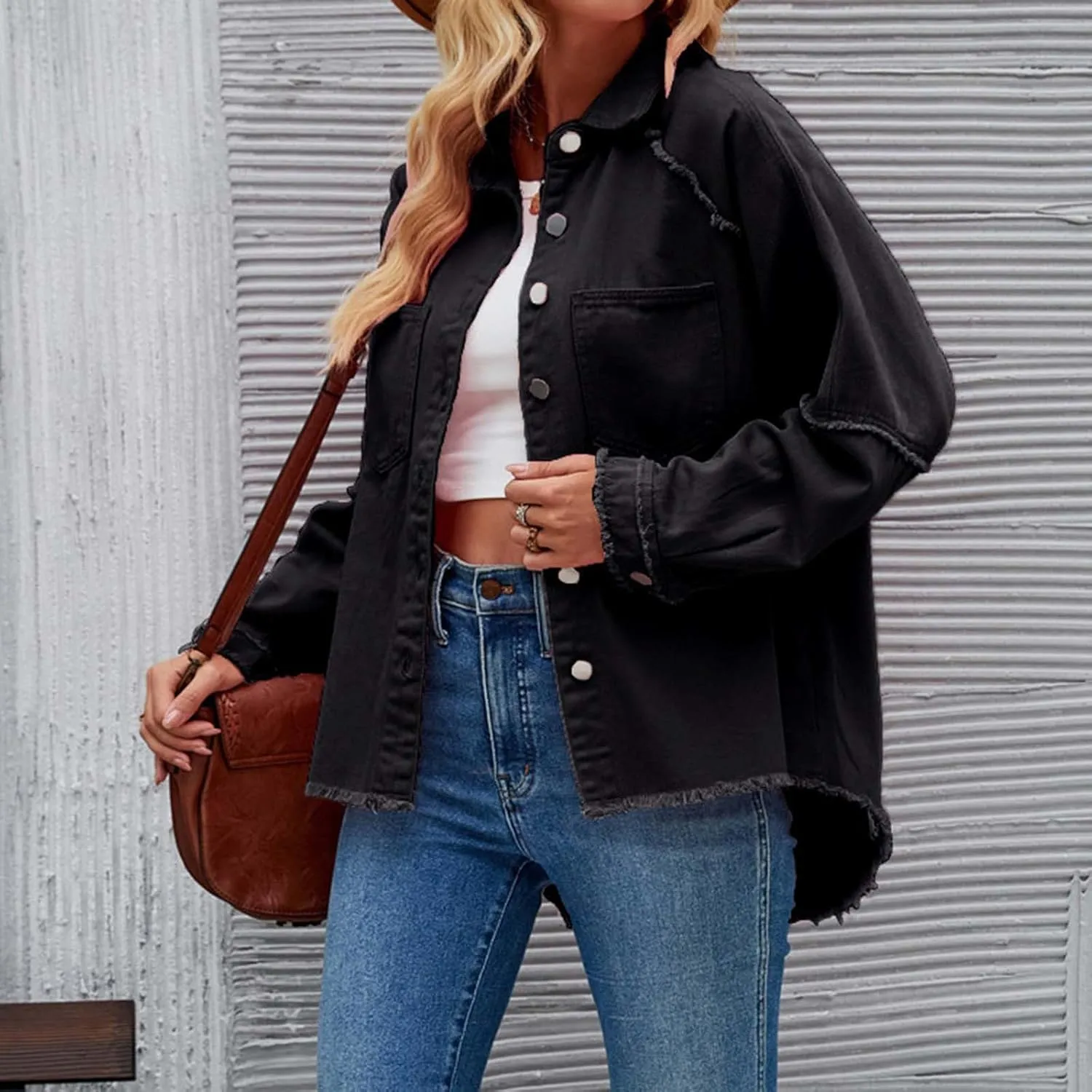 Women Raglan Sleeve Denim Jacket Casual Loose Jean Coat Tops Button Up Solid Denim Outerwear Boyfriend Jackets