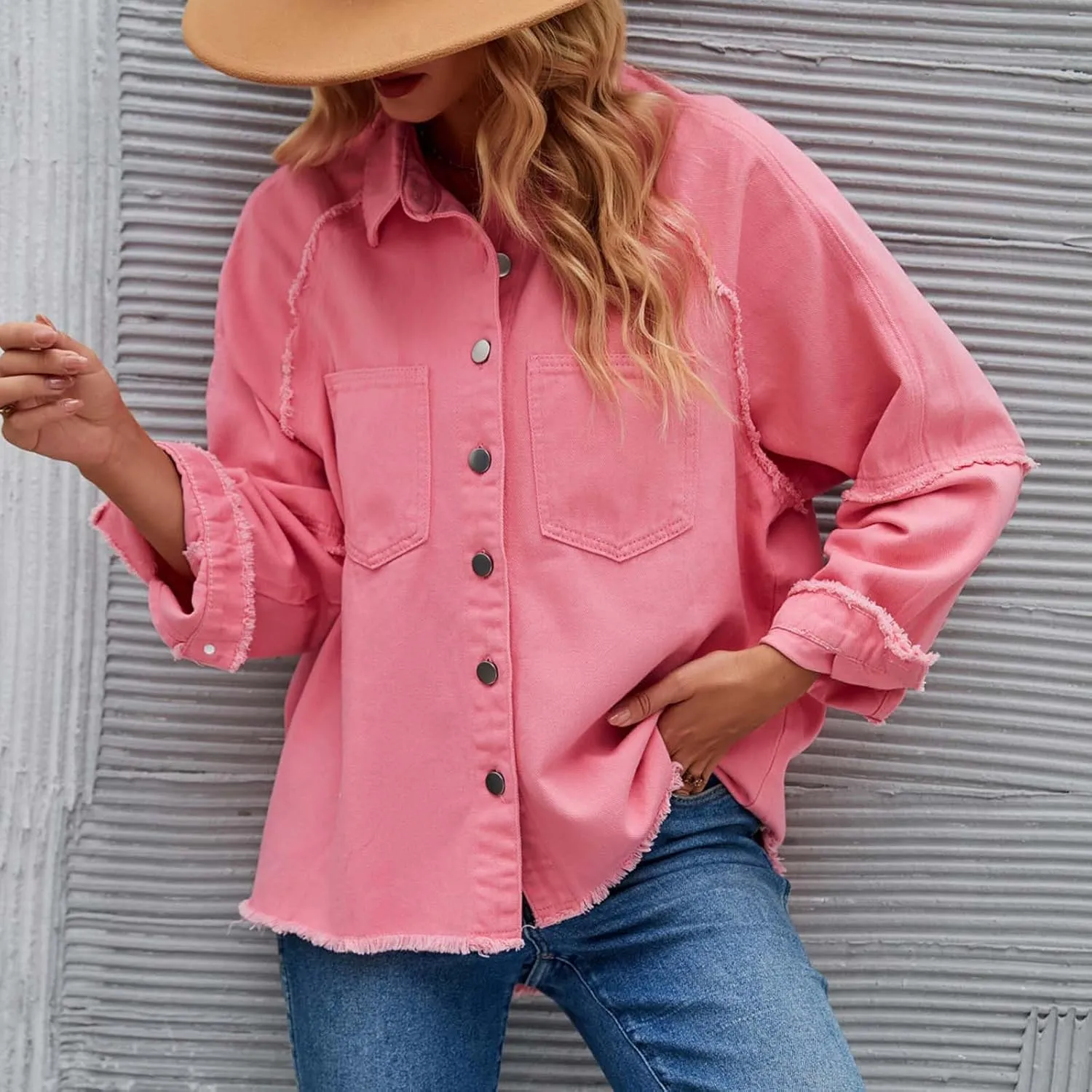 Women Raglan Sleeve Denim Jacket Casual Loose Jean Coat Tops Button Up Solid Denim Outerwear Boyfriend Jackets