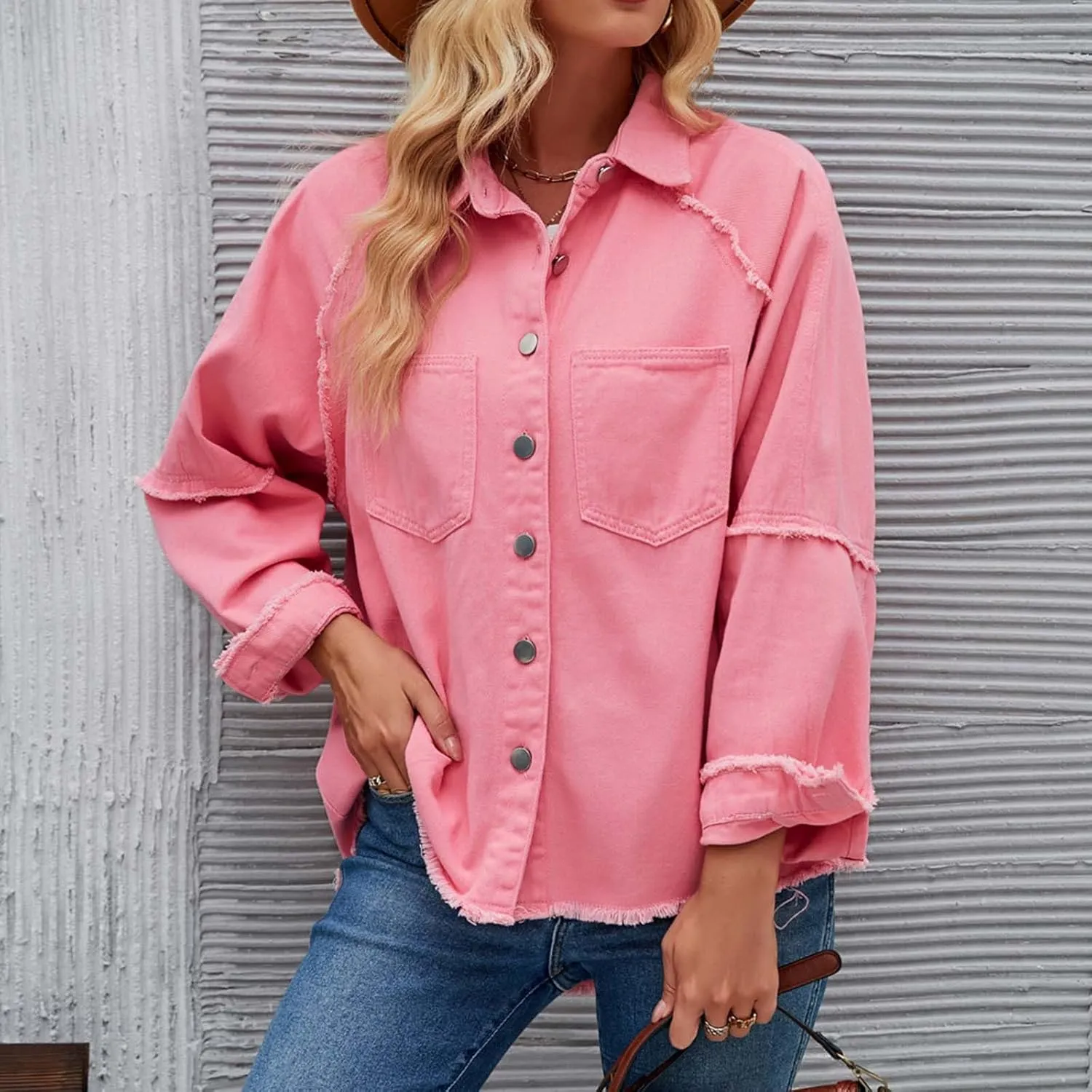 Women Raglan Sleeve Denim Jacket Casual Loose Jean Coat Tops Button Up Solid Denim Outerwear Boyfriend Jackets