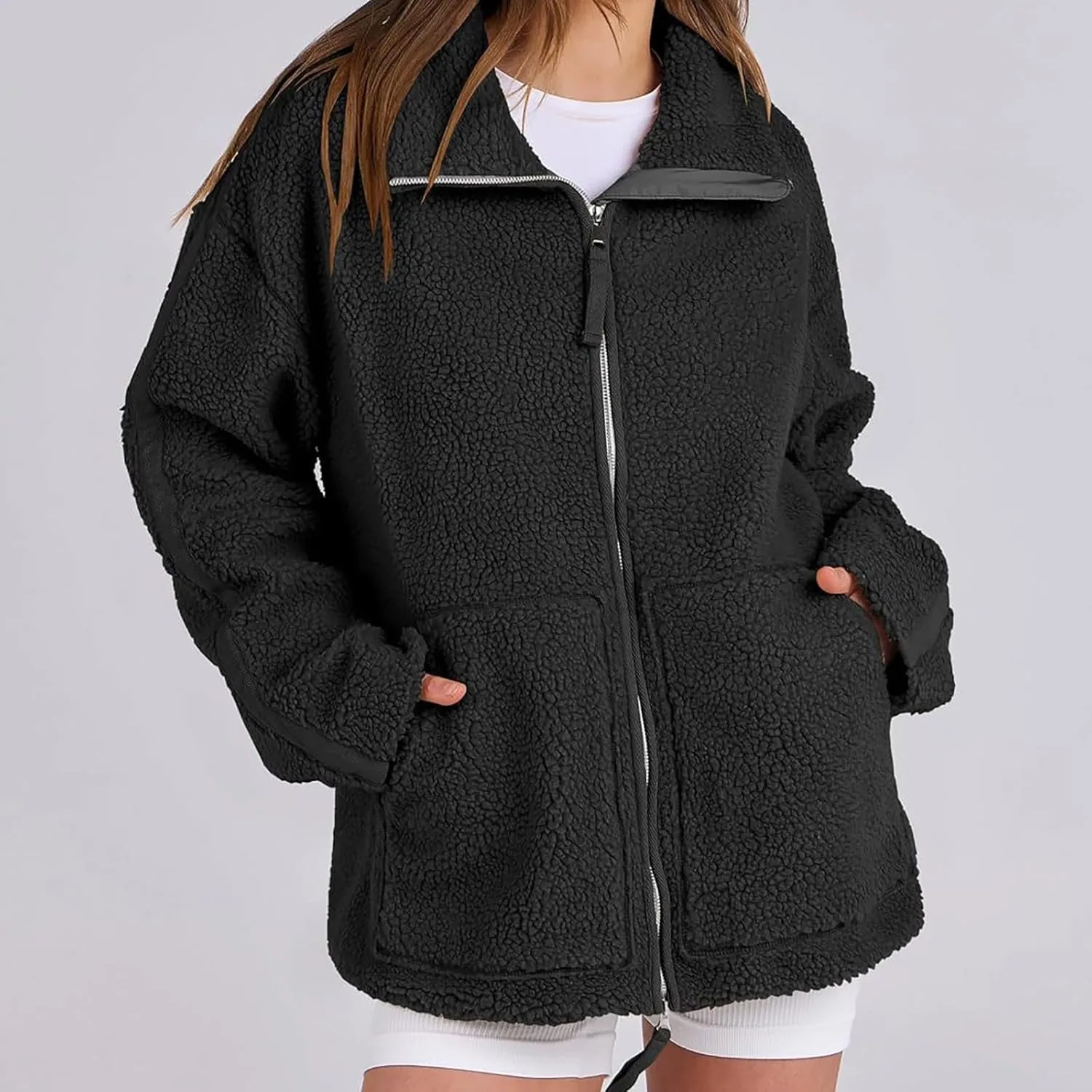Women Sherpa Fleece Jacket 2024 Fall Winter Trendy Stand Collar Warm Fuzzy Coat Long Sleeve Zip Up Parka with Pockets