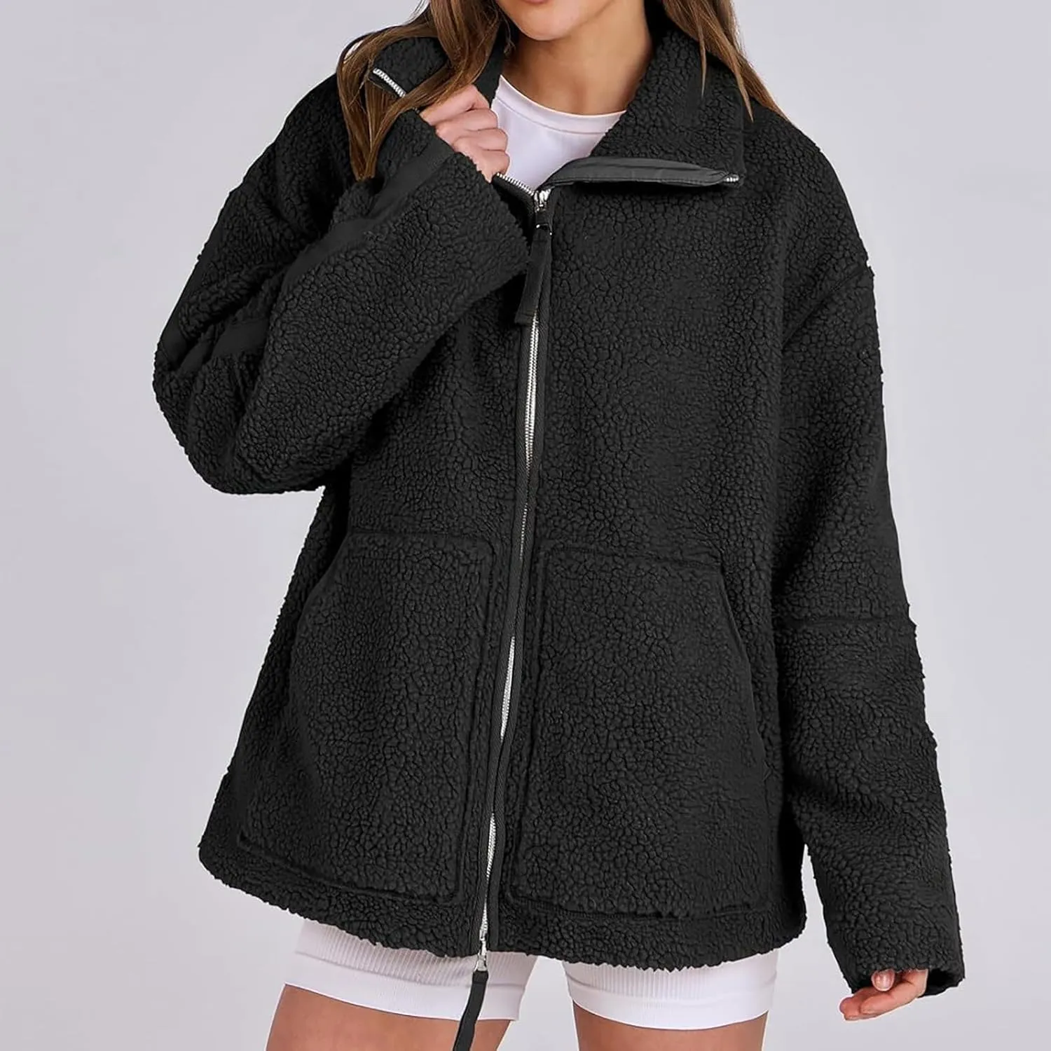 Women Sherpa Fleece Jacket 2024 Fall Winter Trendy Stand Collar Warm Fuzzy Coat Long Sleeve Zip Up Parka with Pockets