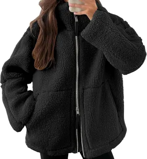 Women Sherpa Fleece Jacket 2024 Fall Winter Trendy Stand Collar Warm Fuzzy Coat Long Sleeve Zip Up Parka with Pockets
