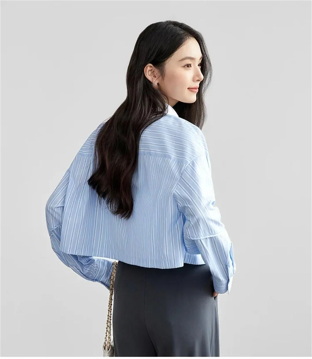 Women Short Style Striped Shirt Straight Spliced Cropped Blouse Lapel Folds Drop Sleeve Top
