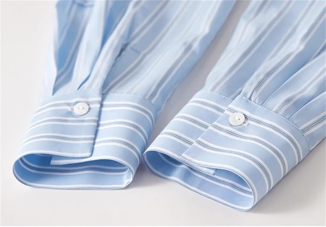 Women Short Style Striped Shirt Straight Spliced Cropped Blouse Lapel Folds Drop Sleeve Top