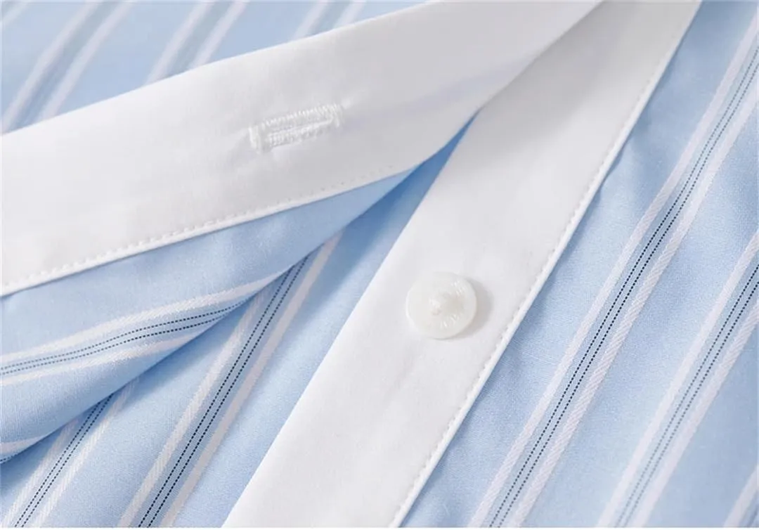 Women Short Style Striped Shirt Straight Spliced Cropped Blouse Lapel Folds Drop Sleeve Top