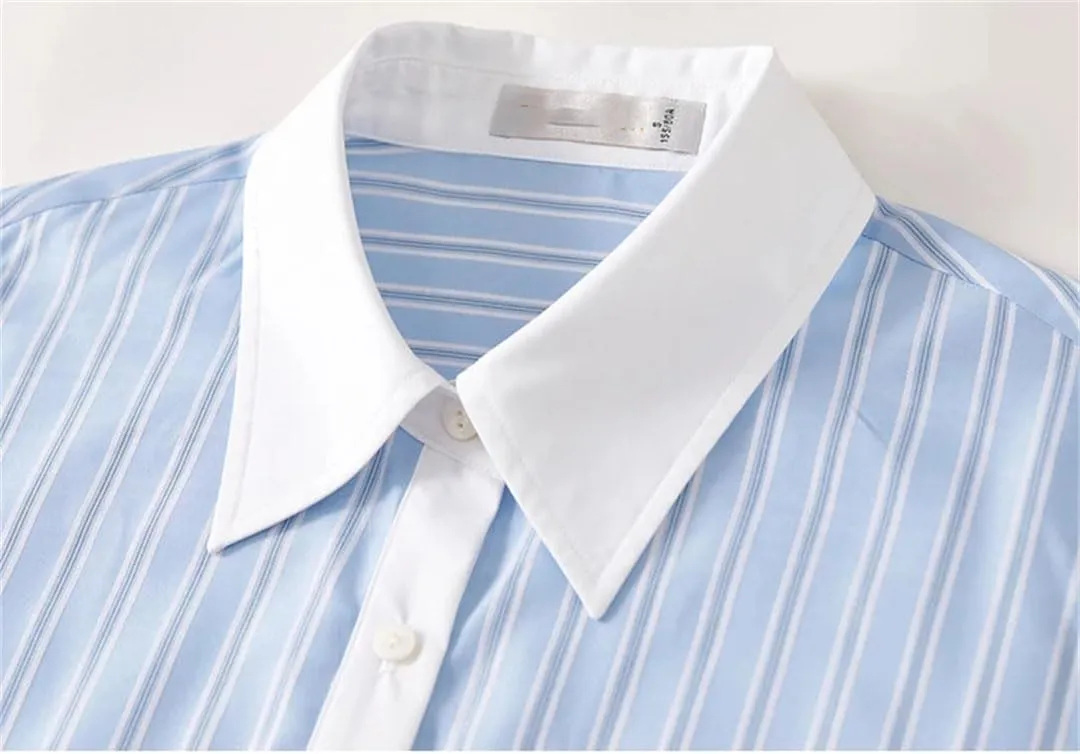 Women Short Style Striped Shirt Straight Spliced Cropped Blouse Lapel Folds Drop Sleeve Top