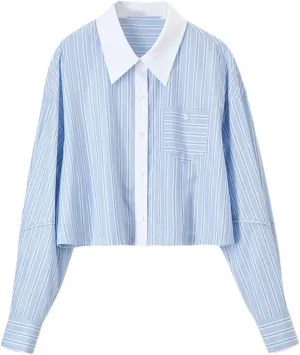 Women Short Style Striped Shirt Straight Spliced Cropped Blouse Lapel Folds Drop Sleeve Top