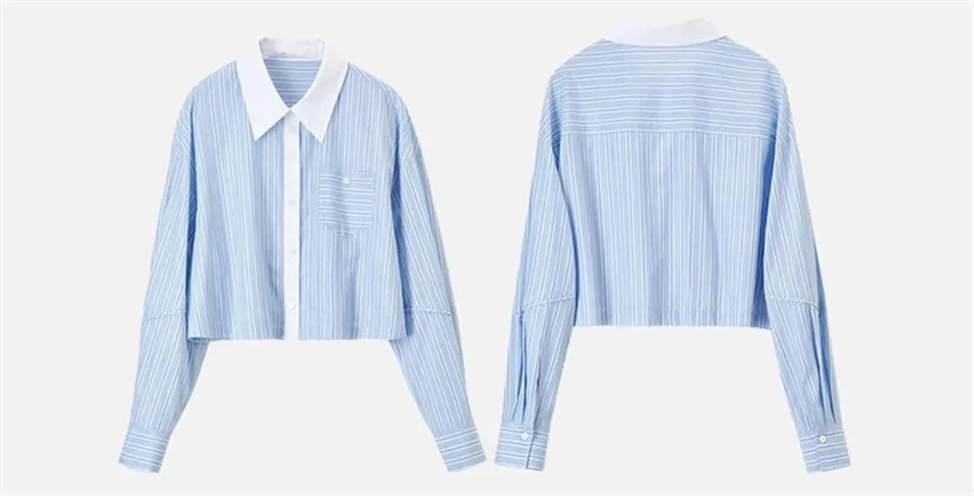 Women Short Style Striped Shirt Straight Spliced Cropped Blouse Lapel Folds Drop Sleeve Top