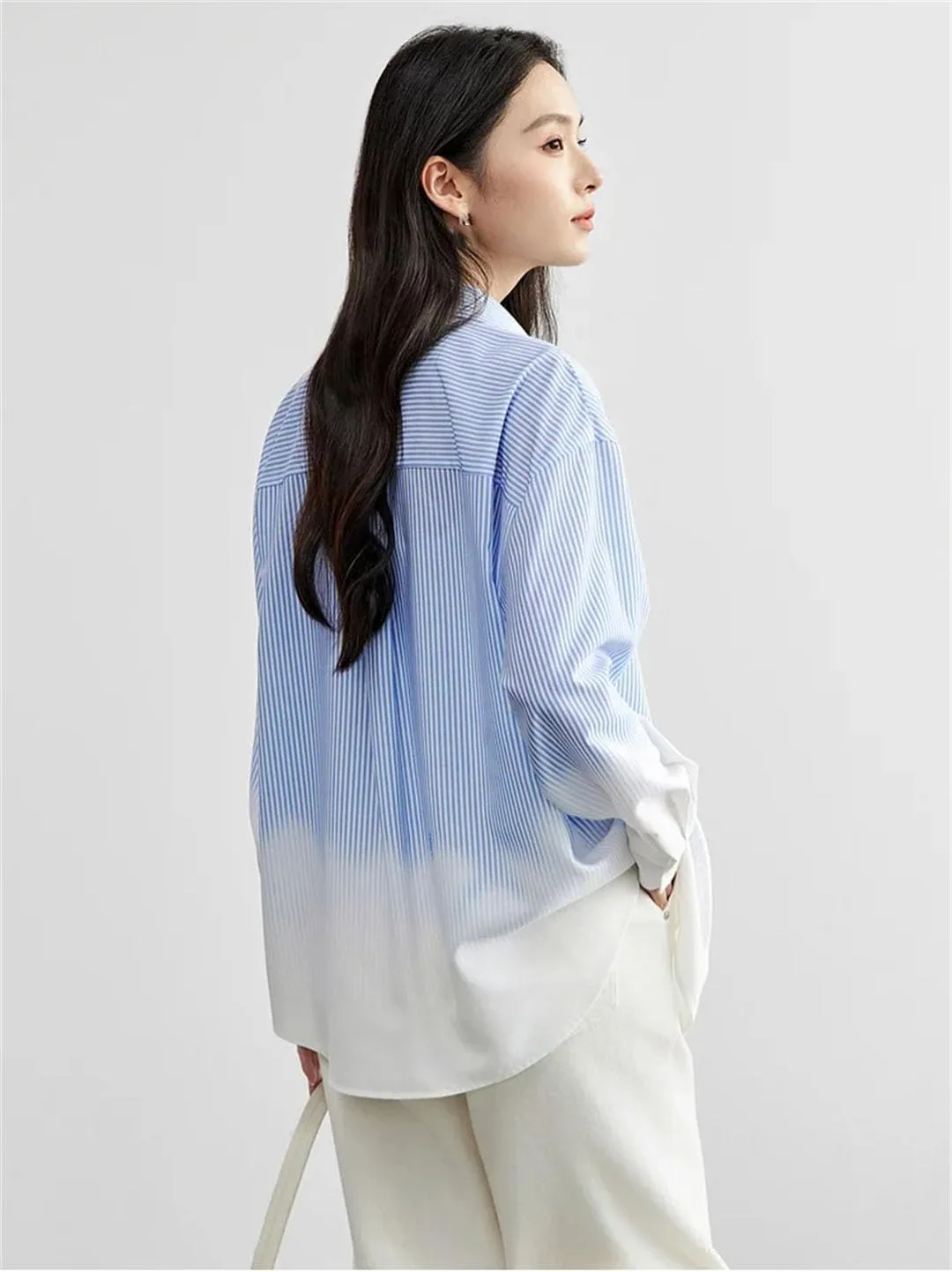 Women Spliced Striped Shirt Casual Loose Turn Down Collar Blouse Single Breasted Casual Top
