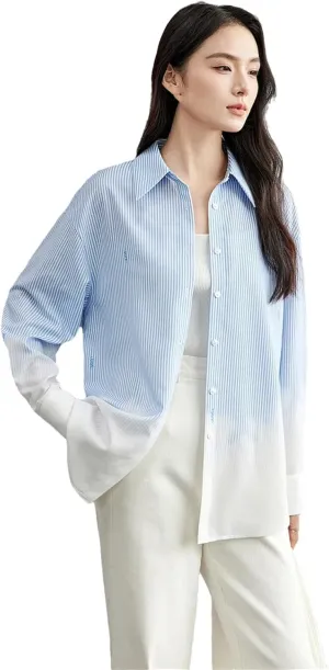Women Spliced Striped Shirt Casual Loose Turn Down Collar Blouse Single Breasted Casual Top