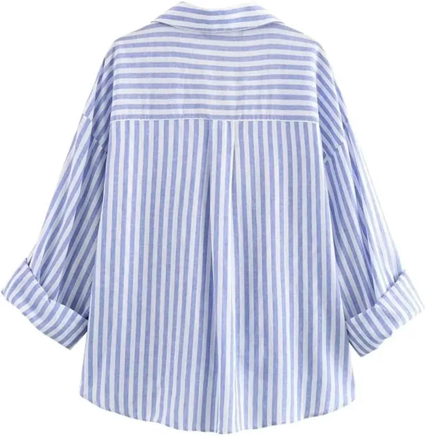Women Striped Shirt Blouse Knot Tops Turn Up Long Sleeve Loose Shirt