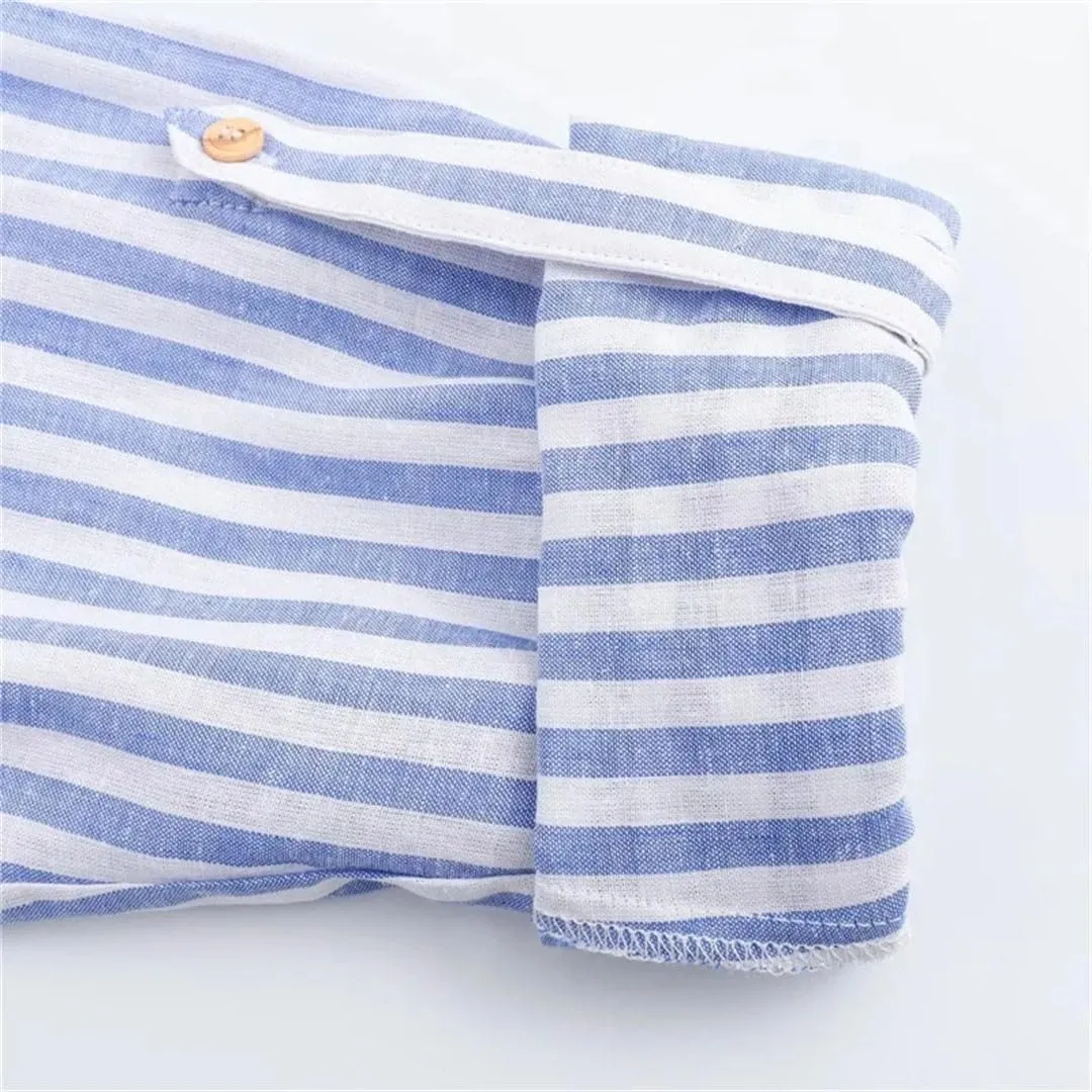 Women Striped Shirt Blouse Knot Tops Turn Up Long Sleeve Loose Shirt