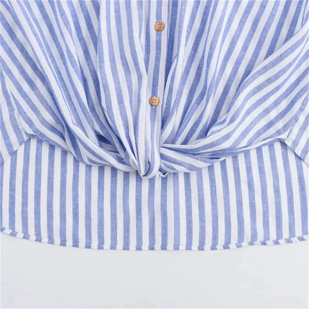 Women Striped Shirt Blouse Knot Tops Turn Up Long Sleeve Loose Shirt