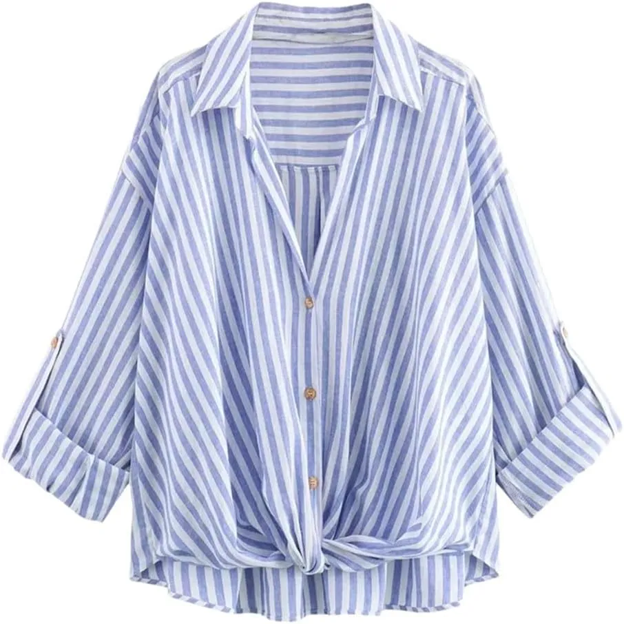 Women Striped Shirt Blouse Knot Tops Turn Up Long Sleeve Loose Shirt