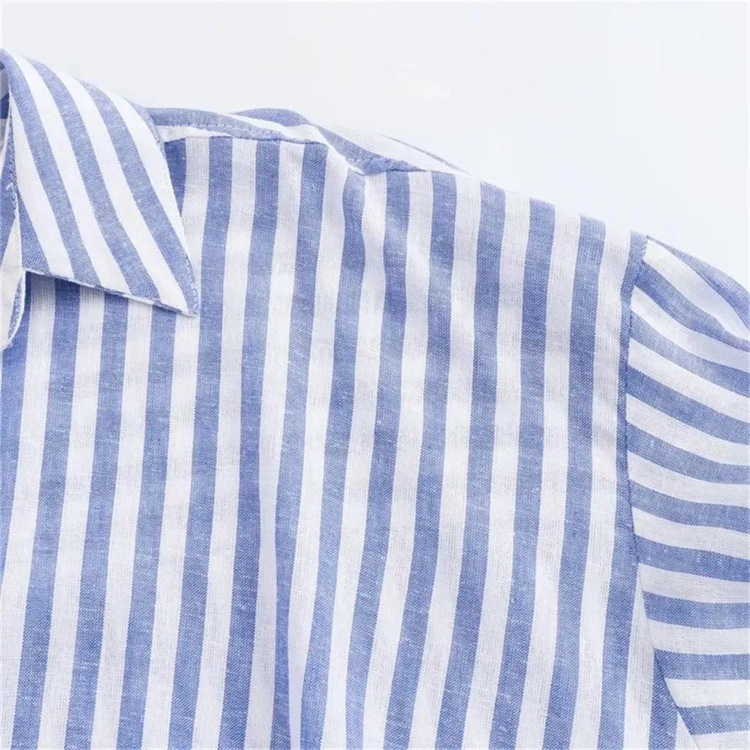 Women Striped Shirt Blouse Knot Tops Turn Up Long Sleeve Loose Shirt