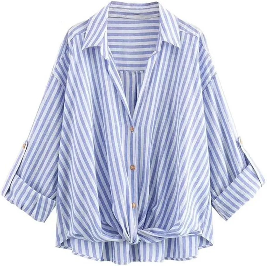 Women Striped Shirt Blouse Knot Tops Turn Up Long Sleeve Loose Shirt