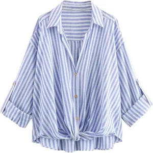 Women Striped Shirt Blouse Knot Tops Turn Up Long Sleeve Loose Shirt