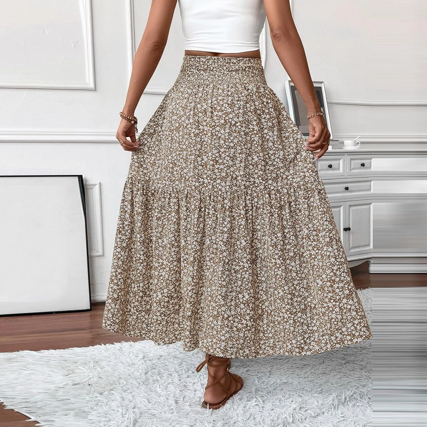 Women Summer Boho Floral Smocked Elastic High Waist Flowy Swing Pleated Maxi Skirts Vacation Printed A-Line Long Skirts