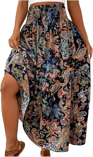 Women Summer Floral Maxi Skirt Boho Flowy Elastic High Waist Long Skirt Comfy Vacation Beach Color Block A-Line Skirts