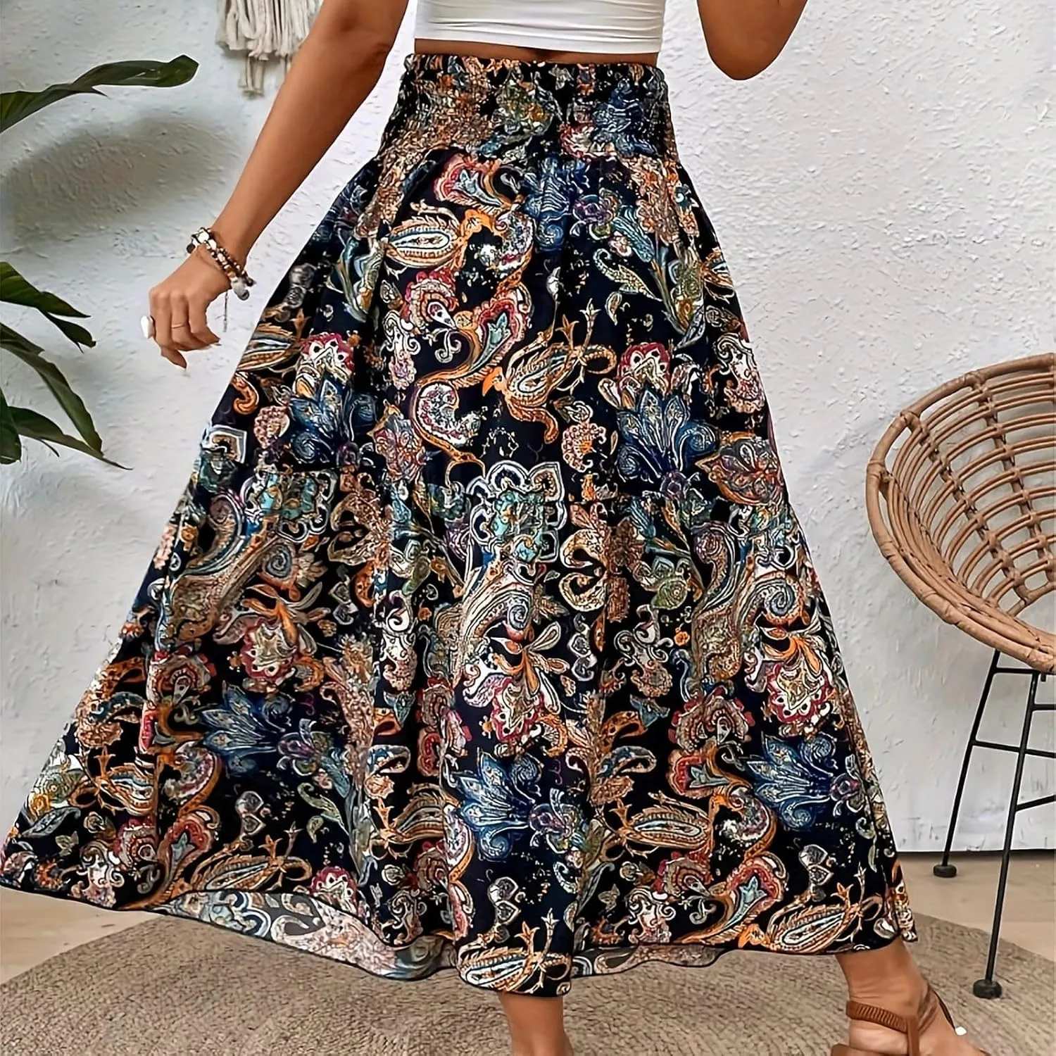 Women Summer Floral Maxi Skirt Boho Flowy Elastic High Waist Long Skirt Comfy Vacation Beach Color Block A-Line Skirts