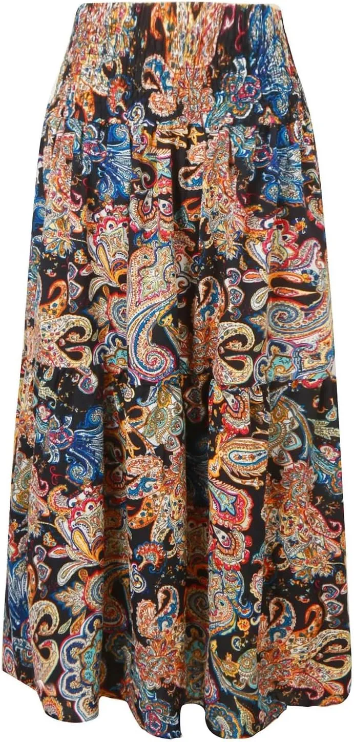Women Summer Floral Maxi Skirt Boho Flowy Elastic High Waist Long Skirt Comfy Vacation Beach Color Block A-Line Skirts