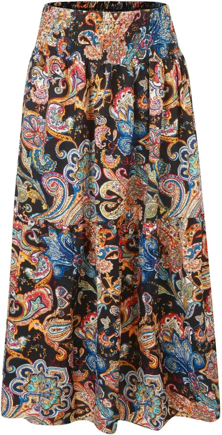 Women Summer Floral Maxi Skirt Boho Flowy Elastic High Waist Long Skirt Comfy Vacation Beach Color Block A-Line Skirts