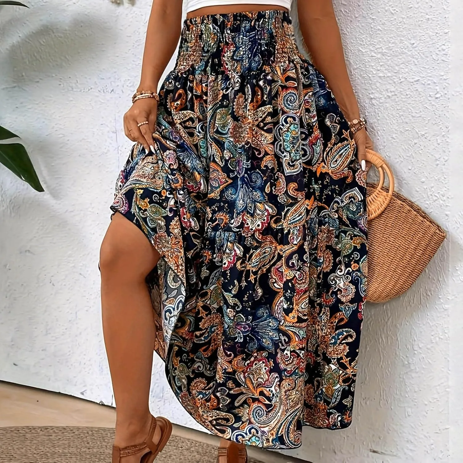 Women Summer Floral Maxi Skirt Boho Flowy Elastic High Waist Long Skirt Comfy Vacation Beach Color Block A-Line Skirts