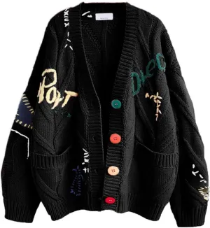 Women Sweaters Chunky Cable Knit Cardigan Loose Button Down Embroidery Sweater Coats Casual V-Neck Outwear with Pocket