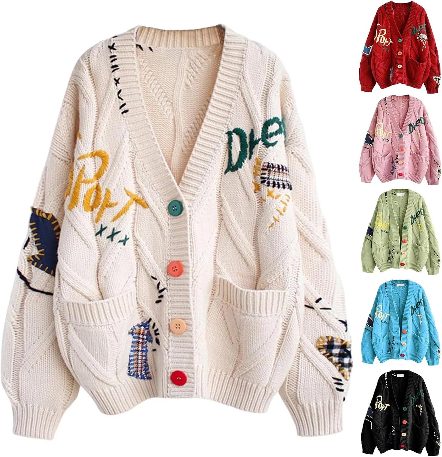 Women Sweaters Chunky Cable Knit Cardigan Loose Button Down Embroidery Sweater Coats Casual V-Neck Outwear with Pocket
