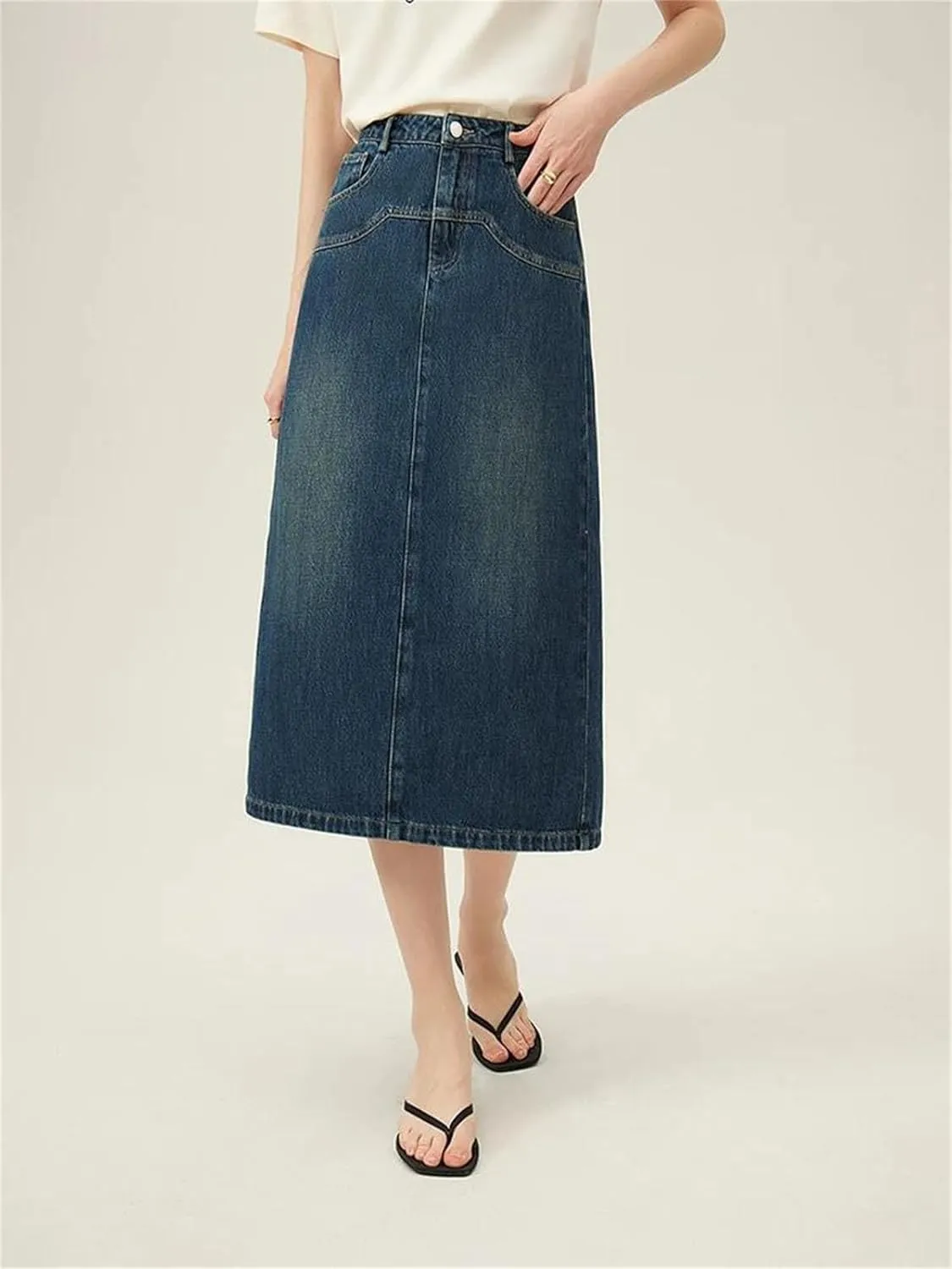 Women's All Match A Line Denim Skirts Back Slit Spring Long Office Lady Denim Jean Skirt
