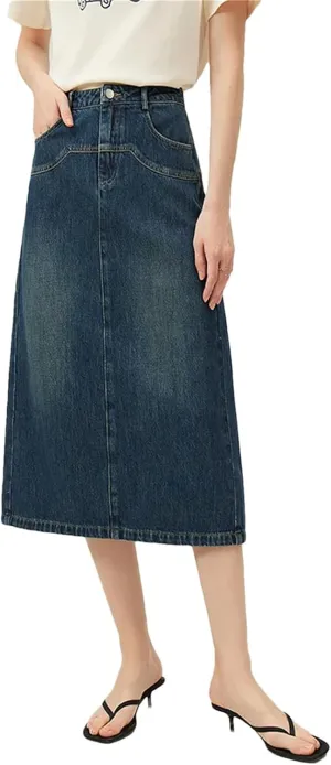 Women's All Match A Line Denim Skirts Back Slit Spring Long Office Lady Denim Jean Skirt