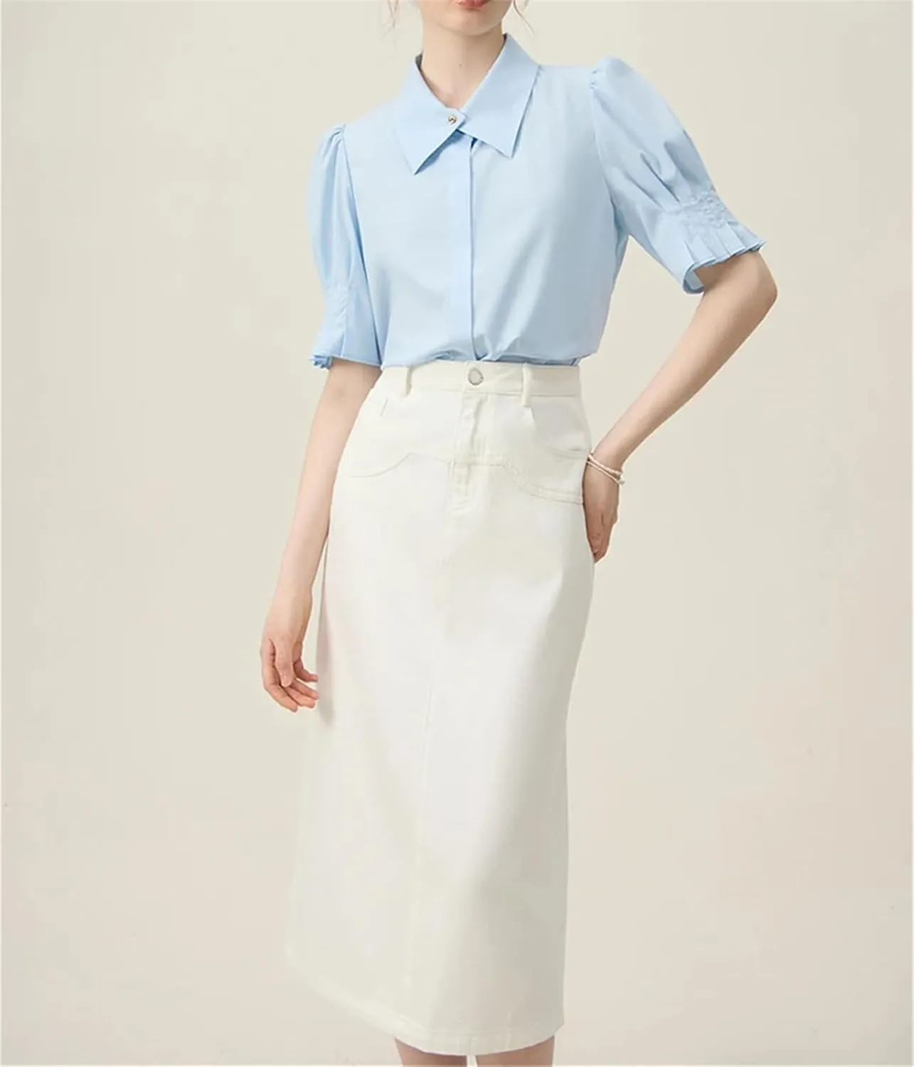 Women's All Match A Line Denim Skirts Back Slit Spring Long Office Lady Denim Jean Skirt
