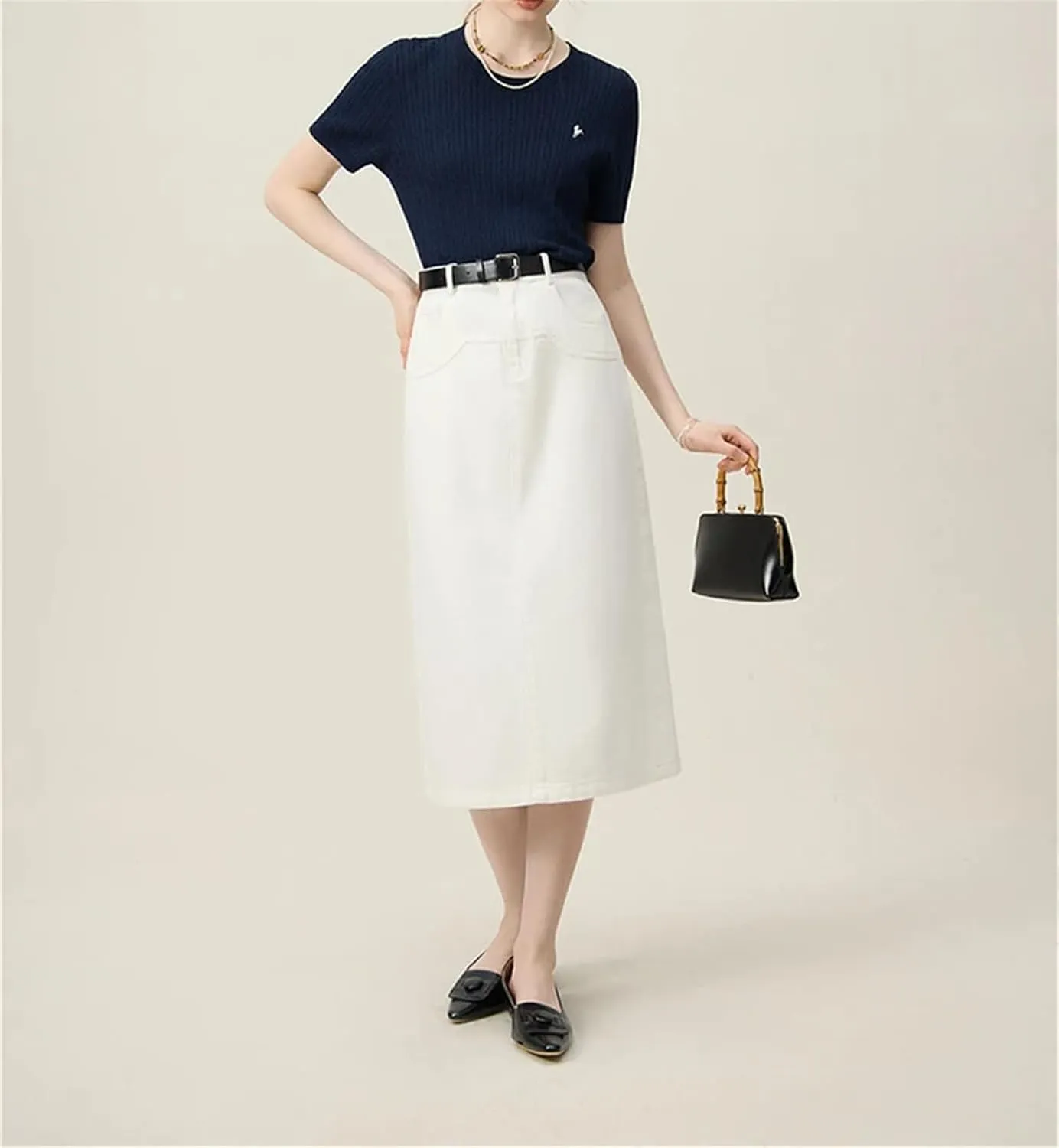 Women's All Match A Line Denim Skirts Back Slit Spring Long Office Lady Denim Jean Skirt