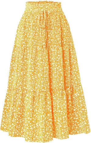 Women's Boho Floral Skirt Casual Elastic High Waist Maxi Skirts Summer Plus Size Flowy A Line Beach Long Outfits Dress
