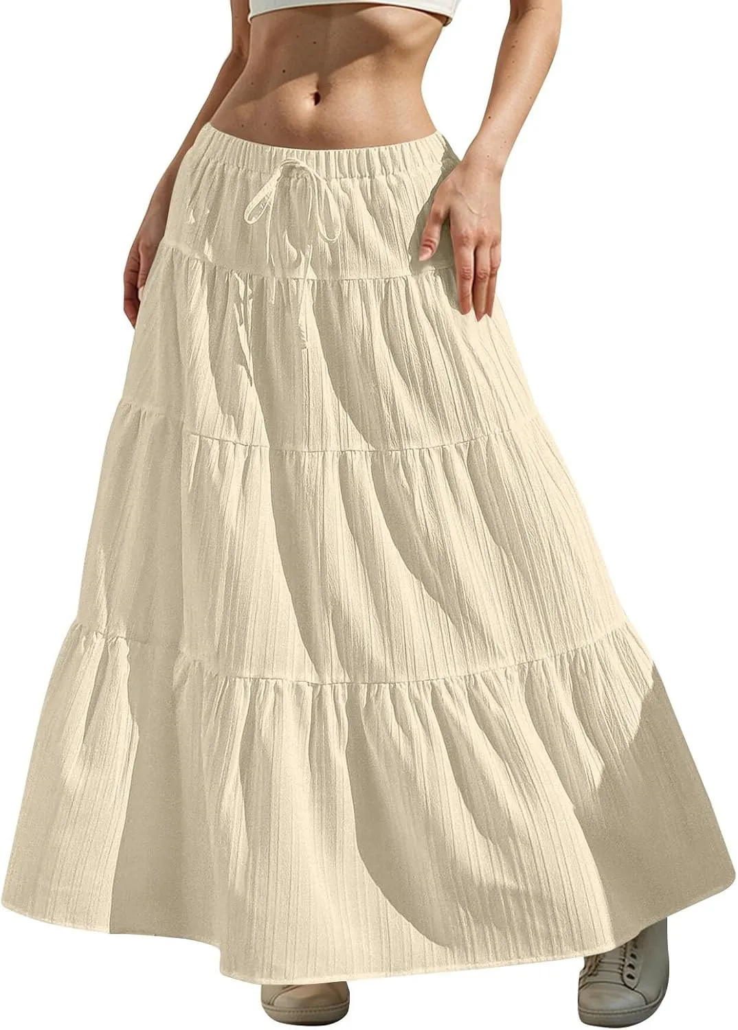 Women's Boho Maxi Skirt Summer Elastic Waist Casual Long Linen Skirts Flowy Tiered Ruffle Skirt Beach A Line Skirts
