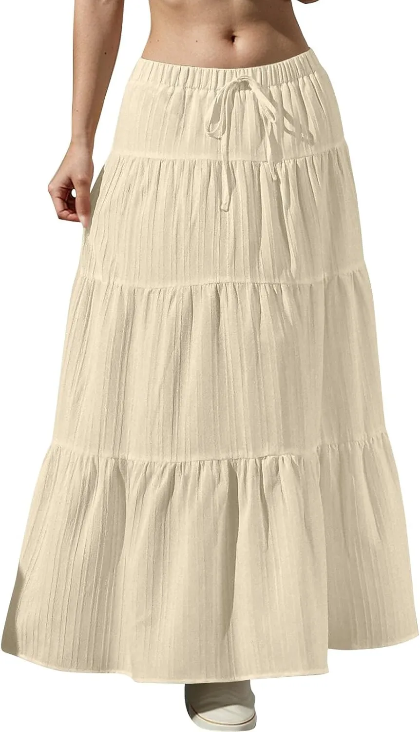 Women's Boho Maxi Skirt Summer Elastic Waist Casual Long Linen Skirts Flowy Tiered Ruffle Skirt Beach A Line Skirts
